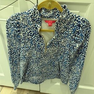 Lilly Pulitzer Blue and White Leopard Quarter-Zip Pullover luxletic